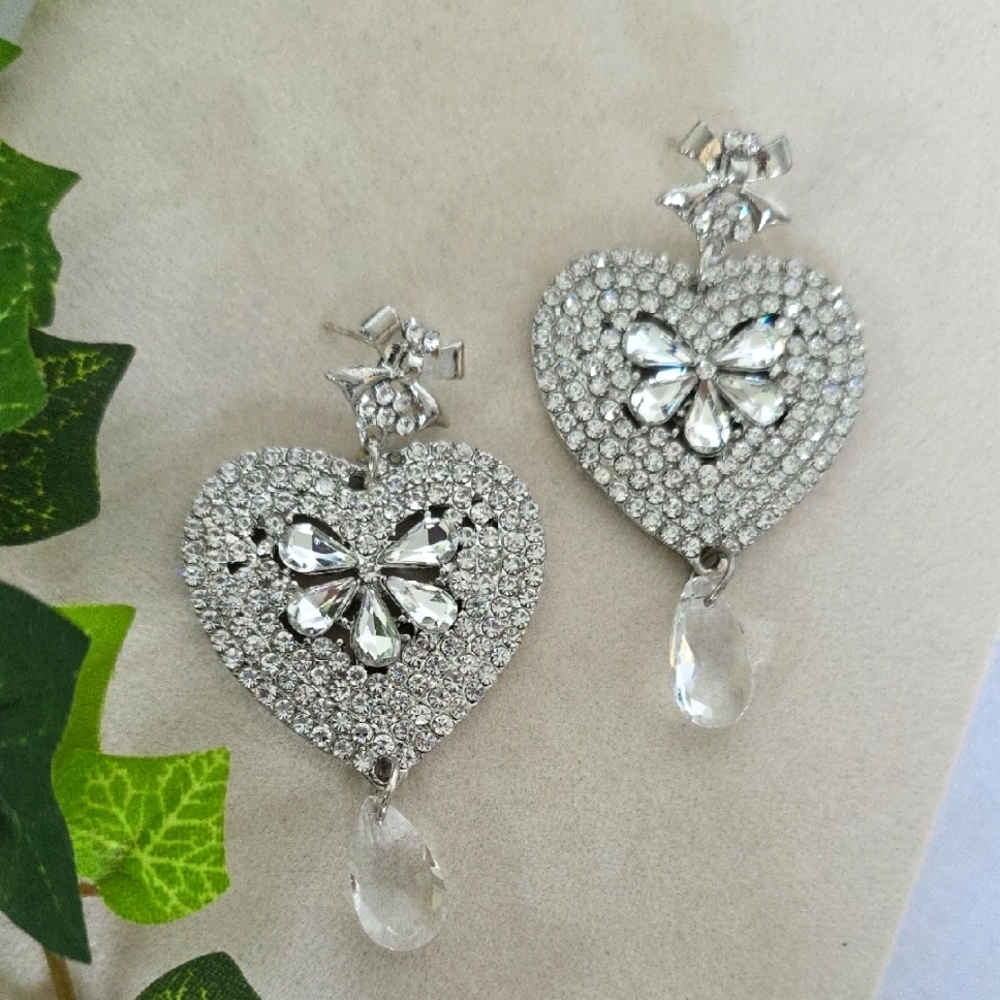 Bling! Silver with Rhinestone Heart Drop Glam Earrings